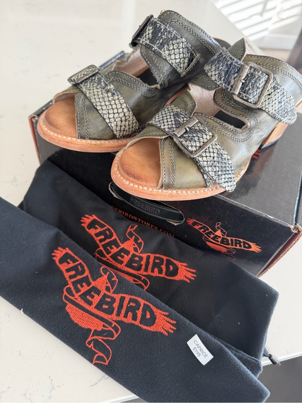 freebird Olive Green Leather Sandals with Snake-Print Straps